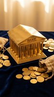 Golden bank building model with classical columns surrounded by gold coins and money bags on dark blue velvet surface for financial investment concepts.