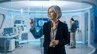 Mature woman with gray hair, Caucasian ethnicity, wearing business attire, interacting with holographic data visualization in futuristic laboratory environment with colleagues in background.