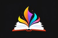 Open book with vibrant rainbow-colored pages flowing upward in dynamic motion against black background, symbolizing knowledge, imagination and creative storytelling.