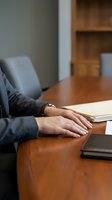 Businesswoman in gray suit sitting at wooden conference table with documents and notebook, corporate meeting or legal consultation concept.