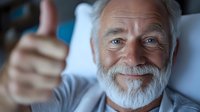 Senior Caucasian male with white beard showing thumbs up gesture while lying in hospital bed, expressing positivity and recovery during medical treatment.