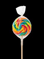 Colorful swirl lollipop candy with wooden stick, wrapped in clear cellophane, isolated on transparent background. Ready for candy shop designs, packaging, and print-on-demand products.