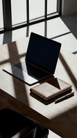 Modern laptop computer on wooden desk with notebooks and pen in bright office workspace with dramatic window shadows for remote work and productivity.