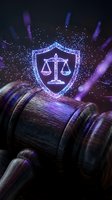 Wooden gavel with glowing neon scales of justice shield symbol surrounded by blue and purple particle effects, representing law, legal services, and digital justice technology.