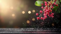 Fresh red currants with water drops splashing against dark background with golden bokeh lights and green leaves, dramatic food photography composition.