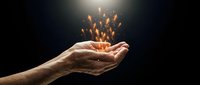 Male hand releasing glowing golden butterflies against dark background symbolizing freedom, transformation and hope for creative projects.