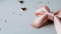 Elegant blush pink satin bow with delicate stitched edges on soft gray background with scattered tiny decorative elements, romantic feminine composition.