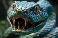 Macro shot of blue iridescent snake head showing detailed scales, open mouth with sharp fangs and yellow eye against dark background. Dramatic wildlife photography.