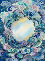Watercolor swirling clouds frame with decorative spiral patterns in blue purple tones creating celestial border for text or design elements.