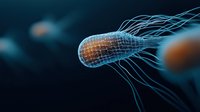 Microscopic view of bacteria with flagella on dark blue background showing cellular structure and movement. Scientific visualization for medical research.
