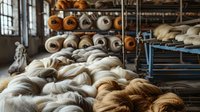 Textile manufacturing warehouse with rows of natural yarn spools and threads in white, beige, and brown tones stacked on industrial shelving, showing raw materials for fabric production.