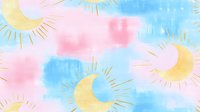 Dreamy celestial pattern with crescent moons and suns in soft pastel pink, blue and yellow colors on watercolor background. Seamless repeat design for fabric and paper.