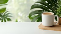 White ceramic cup with fresh cappuccino on wooden board against blurred tropical monstera leaves background, morning coffee concept with copy space.