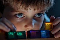 Young boy with intense blue eyes examining colorful illuminated building blocks in dark setting, creating dramatic lighting effect on child's curious face.