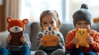 Three children sitting on couch holding colorful plush toys and cushions with animal faces, creating playful atmosphere in cozy home interior setting.