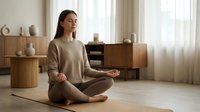 Young Asian woman practicing meditation in lotus pose on yoga mat in modern minimalist living room with natural light for wellness and mindfulness routine.