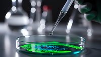 Laboratory pipette dropping sample into petri dish with green liquid for scientific research and medical testing in modern lab environment.