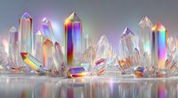 Colorful crystal quartz formations with rainbow iridescent reflections on reflective surface, creating mystical healing energy atmosphere for spiritual wellness.