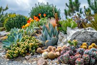 Diverse succulent garden with colorful plants arranged among rocks and gravel, featuring echeveria, barrel cactus, and flowering specimens in natural outdoor setting.
