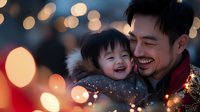 Young Asian father and toddler daughter share joyful moment with genuine laughter against blurred holiday bokeh lights creating warm atmospheric evening mood.