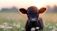 Young black Angus calf with large ears in wildflower meadow at sunset, close up portrait showing curious expression against blurred natural background.