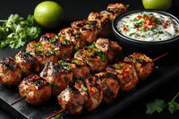 Grilled chicken kebabs with fresh herbs and spices served on dark plate with yogurt sauce, lime and cilantro garnish, close up view on black background.