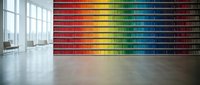 Modern office interior with vibrant rainbow color palette wall display showcasing gradient spectrum from red to blue in contemporary workspace design.