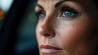 Close up portrait of mature Caucasian woman with striking blue eyes and natural makeup looking thoughtfully to side against dark background with soft bokeh lights.