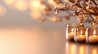 Glowing candles in glass holders with delicate golden branches above creating warm atmospheric lighting against soft blurred background. Perfect for spa and wellness designs.