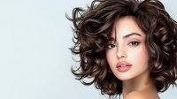 Young woman with curly brown hair and natural makeup on white background, professional beauty portrait showcasing modern hairstyle and glowing skin.