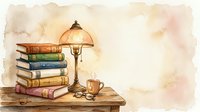 Stacked vintage books with brass reading lamp and coffee mug on wooden desk, watercolor illustration for library, education, and literary design projects.