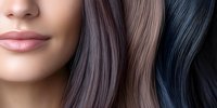 Close up view of plump lips and flowing hair strands in different tones - ash blonde, brunette and dark blue, showcasing modern hair coloring trends and beauty styles.
