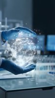 Scientist hands in blue gloves holding glowing digital network sphere with connected dots in modern laboratory for technology research and innovation.