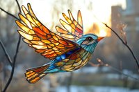 Stained glass bird suncatcher with vibrant orange wings and blue body soaring through sunlit branches, creating magical light effects and rainbow reflections.