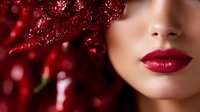 Close up of sensual red lips with burgundy glitter poinsettia flower, festive holiday beauty makeup on light skin female model against dark red background.