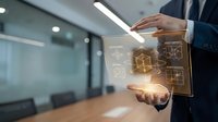Professional businessman presenting holographic geometric cube with mathematical formulas in modern office environment for technology presentations.