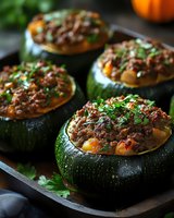 Round zucchini stuffed with seasoned ground meat and herbs, garnished with fresh parsley on dark wooden board, close up view of homemade autumn dinner.