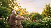 Senior couple dancing together in blooming garden during golden hour sunset, romantic elderly lifestyle and active aging concept.
