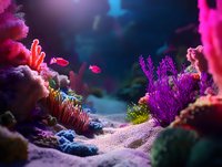 Vibrant underwater coral reef scene with neon pink and purple sea fans, small tropical fish swimming through mystical blue waters and sandy ocean floor.