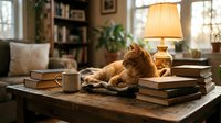 Orange tabby cat sleeping peacefully on stack of books beside warm table lamp in cozy home library setting with natural sunlight streaming through windows.
