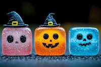 Glowing Halloween glass jars with spooky faces and witch hats decorated with sparkles and glitter create magical holiday mood on dark background.