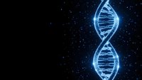 Glowing blue DNA double helix structure on dark starry background for genetic research, biotechnology and medical science concepts.