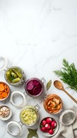 Assorted fermented vegetables in glass jars with fresh herbs on marble background for healthy probiotic diet and food preservation.