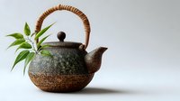 Traditional ceramic teapot with woven handle and fresh green plant sprig against minimalist light background, showcasing rustic pottery craftsmanship for tea ceremony.
