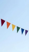 Colorful rainbow bunting flags hanging against clear blue sky for party celebration festival decoration outdoor event.