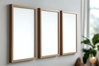 Three wooden frame mockups hanging on light gray wall near window with green plant, blank white canvas display for artwork or photos in modern minimal interior.