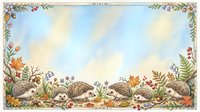Hedgehogs surrounded by autumn leaves, flowers, and foliage in watercolor style with decorative border frame, isolated on white background for design projects.