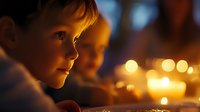 Young Caucasian boy gazing at glowing candlelight with wonder, face illuminated by warm golden bokeh, creating magical atmospheric moment during evening celebration.