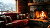 Cozy cabin interior with plaid sofa, stone fireplace with burning fire, and snowy mountain view through large window, perfect for winter holiday and rustic home decor designs.