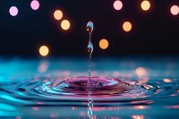 Water droplet creating ripples on liquid surface with bokeh lights in background, suitable for science, nature, and abstract design projects.